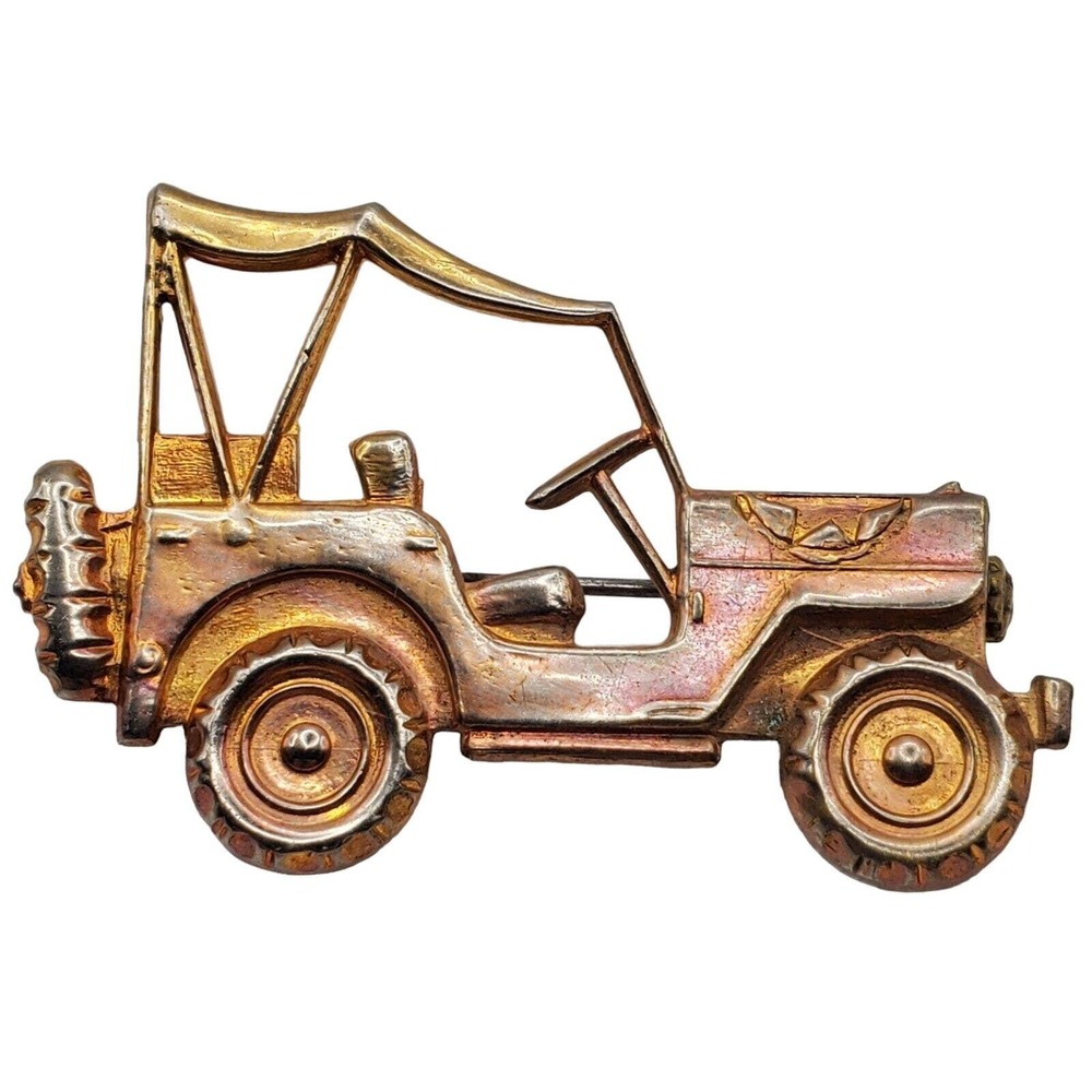 Willys Jeep Pin Brooch Gold Tone Military Vehicle Trombone Clasp Vintage Brooch